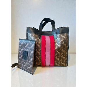 COACH 79366 Horse & Carriage Tote Bag Brown Pink‎ Varsity Stripe Coated Canvas